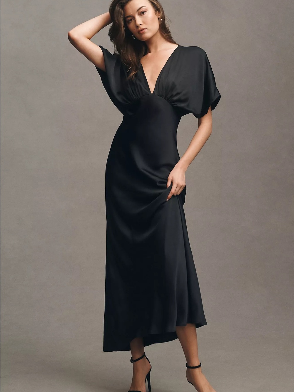 BHLDN Black Amelia Deep-V Flutter-Sleeve Satin Gown
